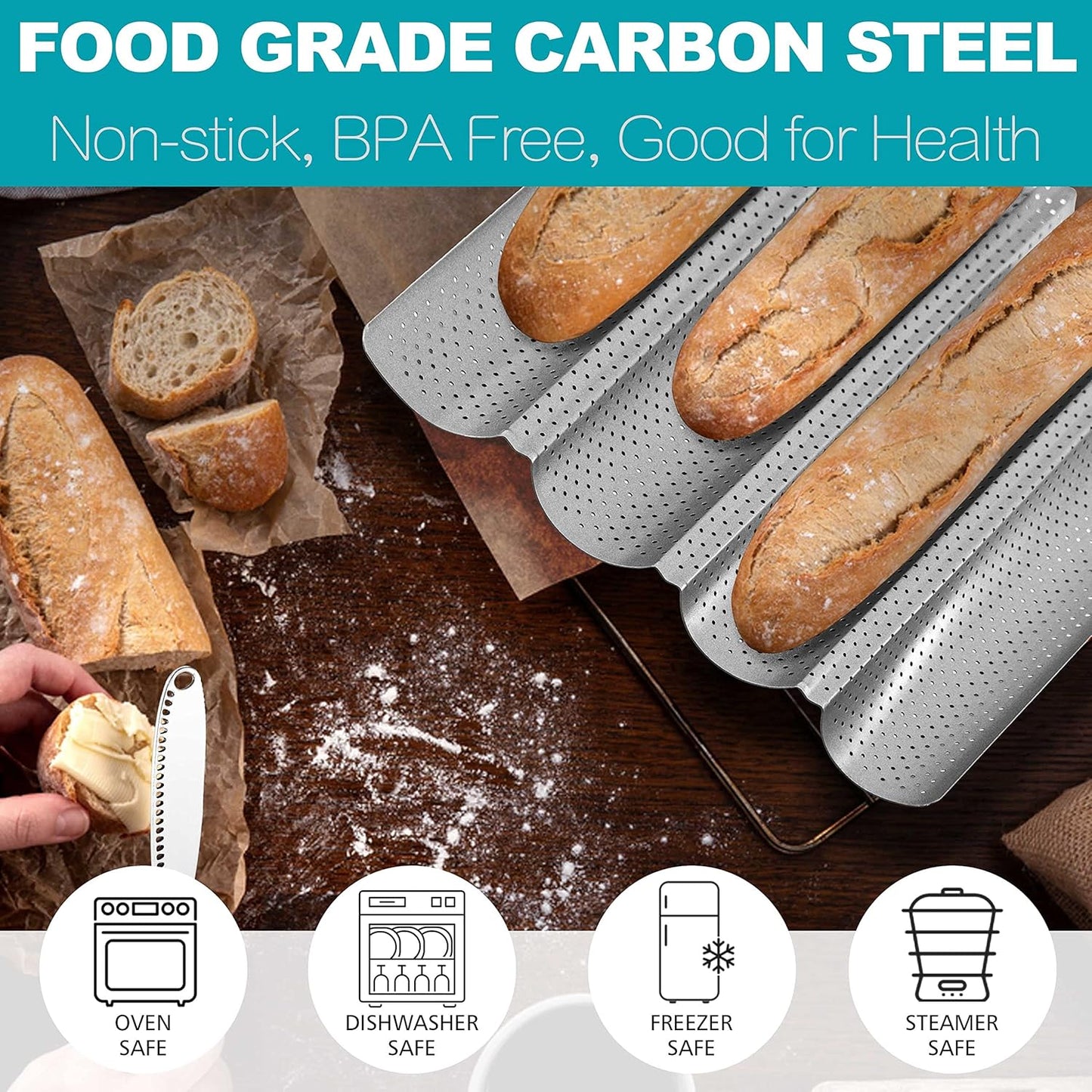 Anaeat Nonstick Perforated French Bread Baking Pan, 15"X 13" Premium Toast Mold, Silver