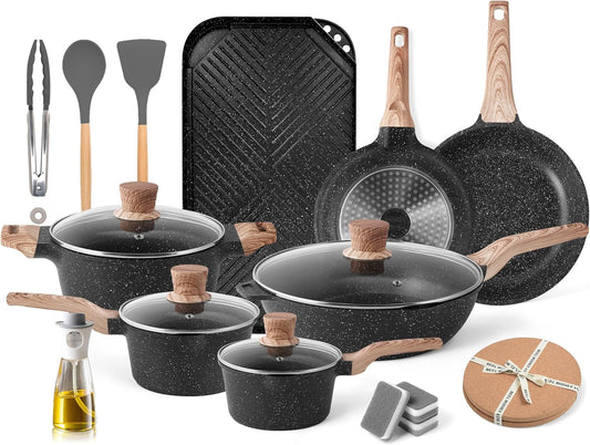 Caannasweis Granite Pots and Pans, Nonstick Cookware Set (Classic Black, 20 Piece Grill Griddle Set)