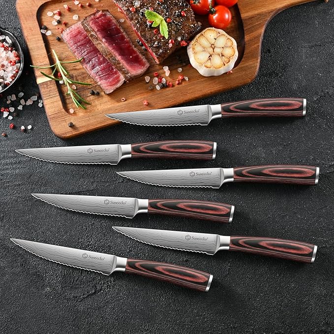 Sunnecko Knife Set with Block and Sharpener, 15 PCS Kitchen Knife Block Set Sharp Kitchen Knives High Carbon Stainless Steel with Pakkawood Handles