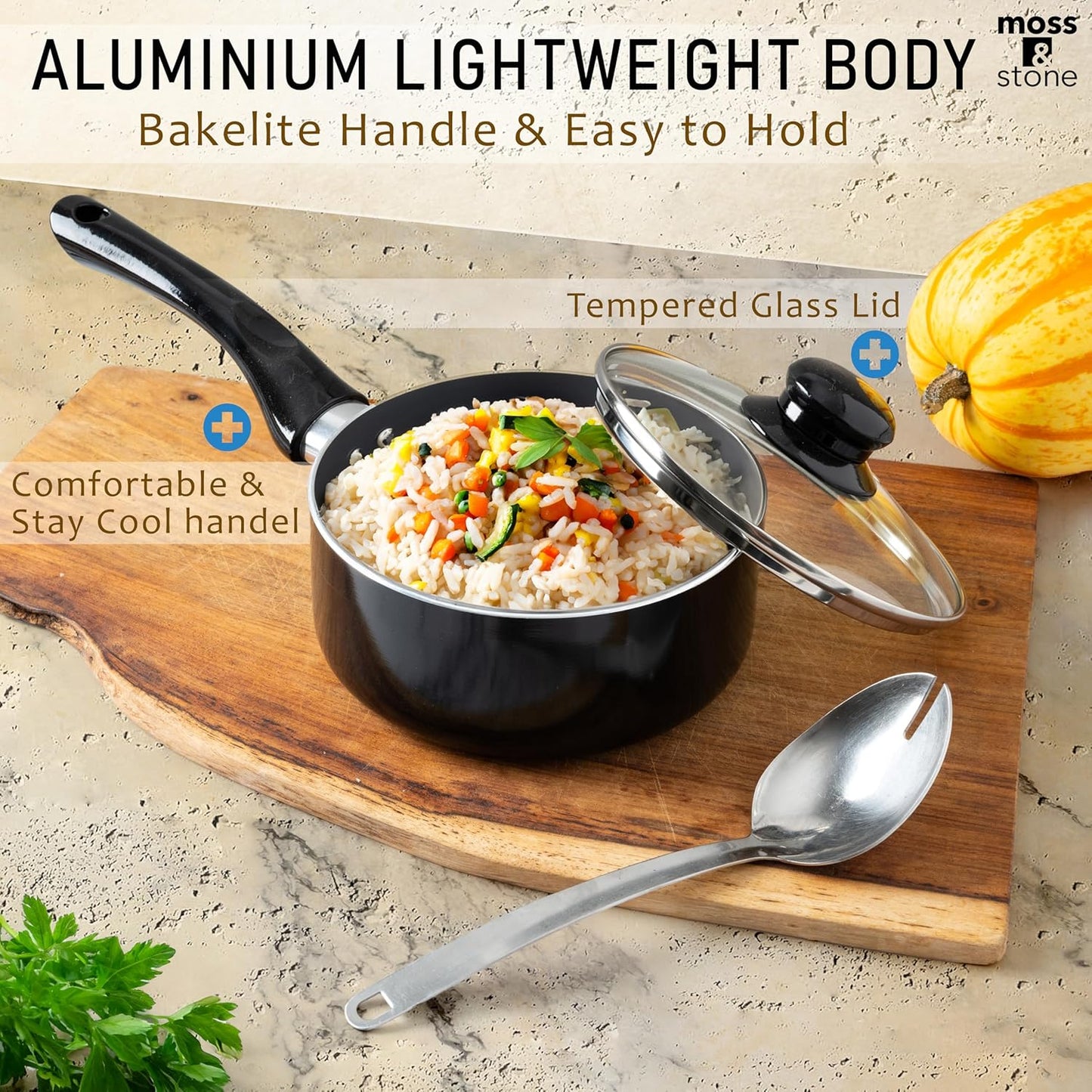 Moss & Stone 6 Pcs Black Nonstick Cookware Set, Pots And Pans Set Non stick With Glass Lid, Induction Cookware, Stay-Cool Handle PTFE/PFOA Kitchen Pots 6-Piece with Frying Pans & Saucepan