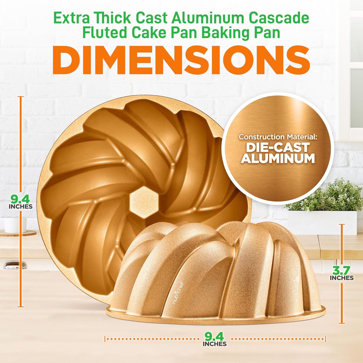 NutriChef 9-Inch Cake Pan - Heavy Die Cast Aluminum Cake Baking Mold with 2 Layers of Professional Nonstick Coating - Fluted Flow Design for Uniform Baking & Browning, Dishwasher Safe - Gold