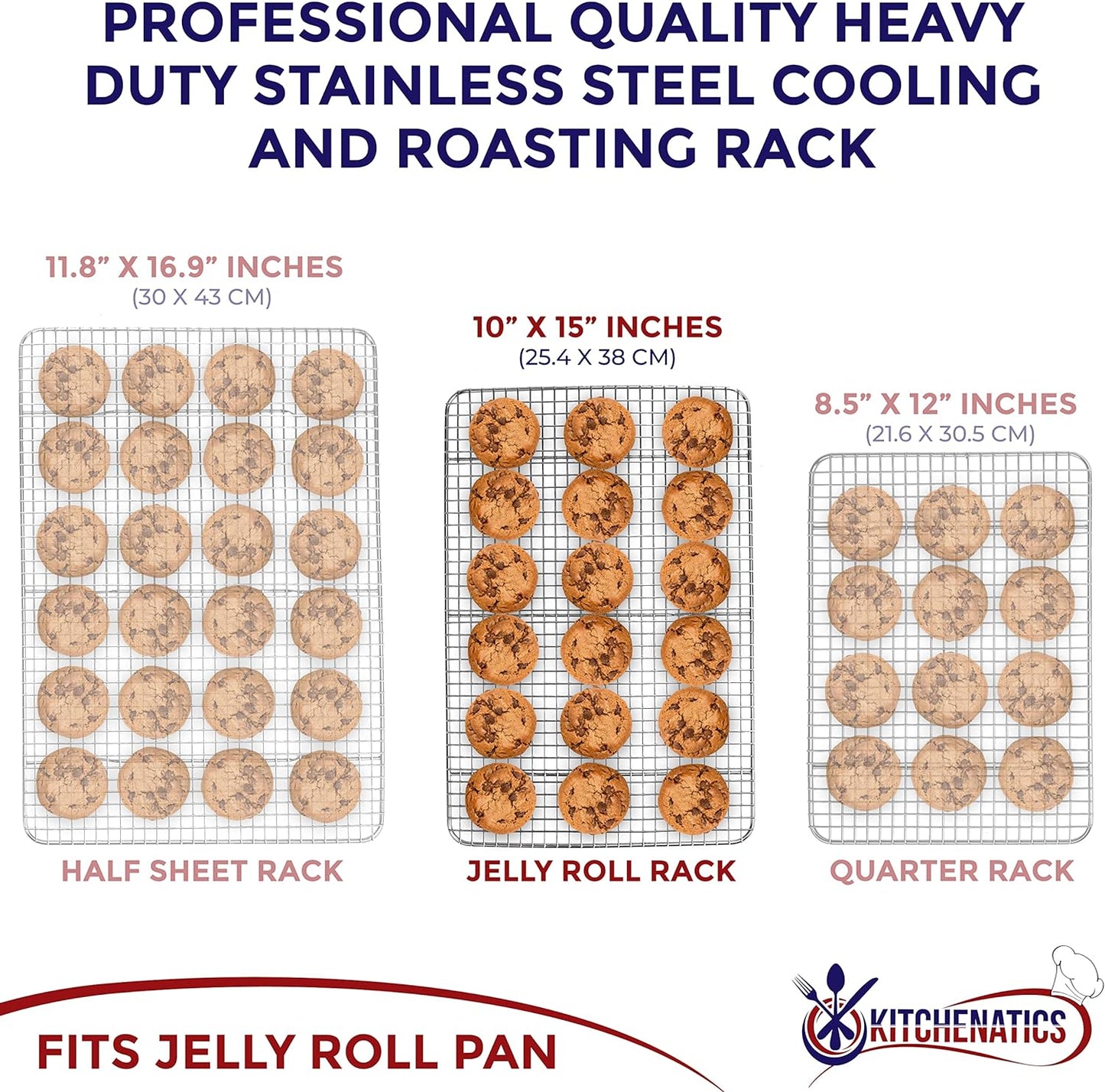KITCHENATICS Jelly Roll Cooling Rack for Baking, Heavy-Duty Stainless Steel Baking Rack, Oven Safe Rack for Cooking, Food-Safe Bacon Rack, Cookie Cooling Rack Fits Jelly Roll Sheet Pan 10" x15" IN