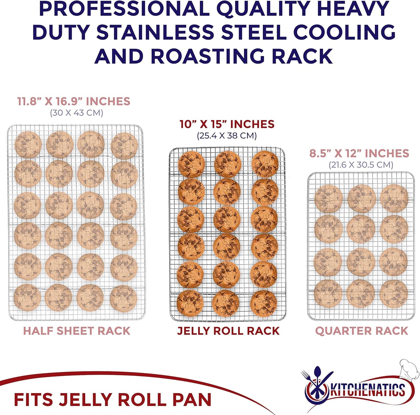 KITCHENATICS Jelly Roll Cooling Racks for Cooking and Baking, Heavy Duty Cooking Racks for Sheet Pan, Stainless Steel Wire Rack for Cooking, Cookie Cooling Rack Fits Jelly Roll Pan 15x10, Set of 2