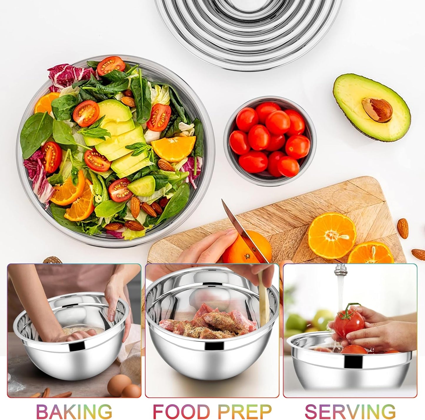 E-far Mixing Bowls with Lids Set, 7-Piece Stainless Steel Mixing Bowls with 3 Grater Attachments, Size 4.6, 3.5, 2.6, 2, 1.5, 1, 0.7QT, Nesting Design & Colorful Airtight Lid, For Baking/Prepping