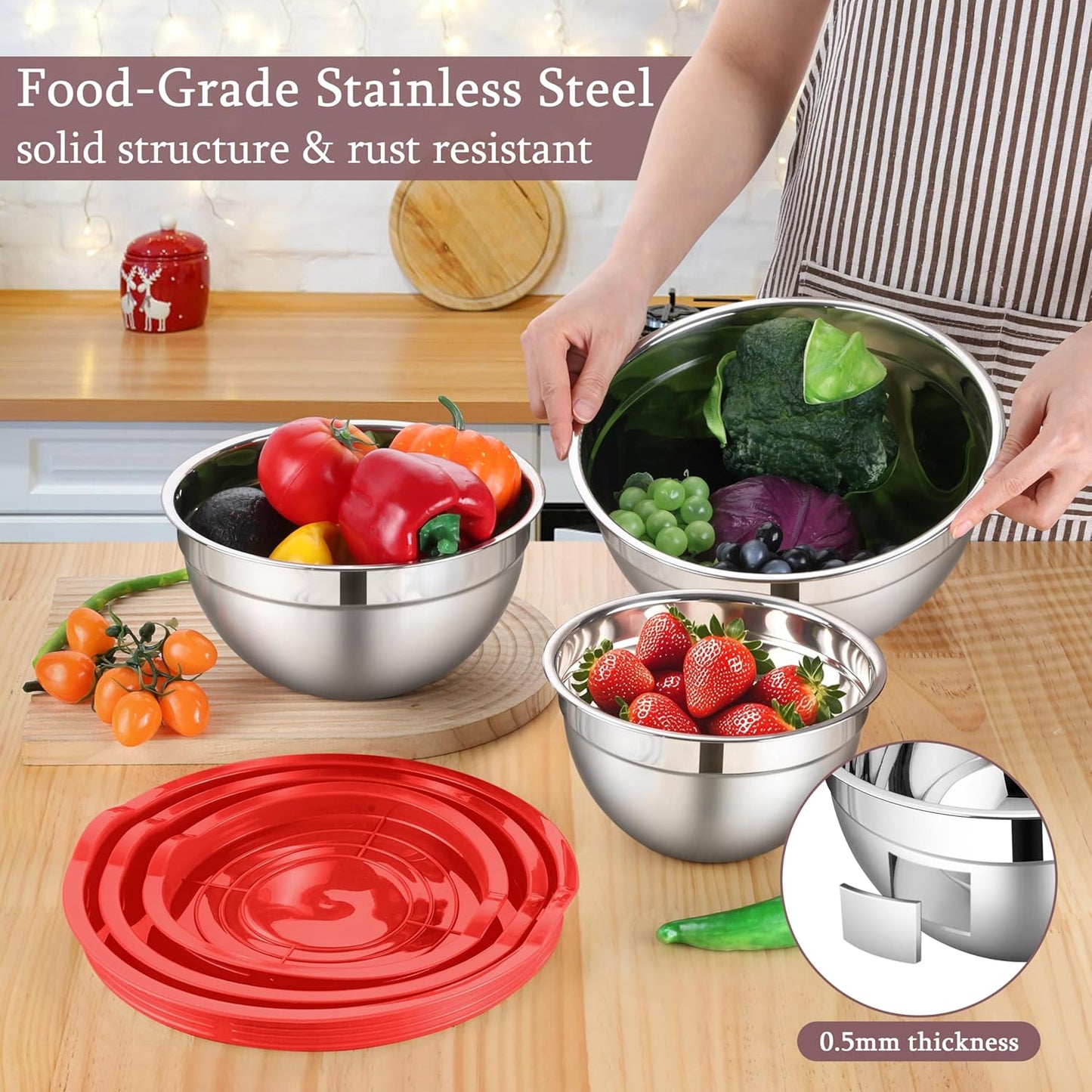 LIANYU Stainless Steel Mixing Bowls with Leak-Proof Lids, 3 Pieces Stainless Steel Deep Nesting Mixing Bowls for Kitchen Cooking, Storage, Baking, 1.5QT & 3QT & 4.6QT, Red