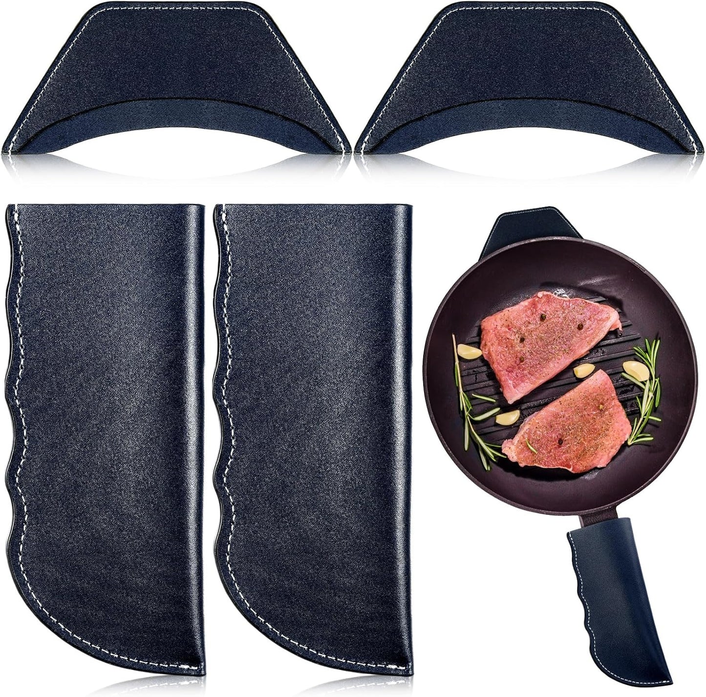Baderke 4 Pcs Leather Cast Iron Handle Cover Handmade Leather Heat Resistant Skillet Handle Set Pot Holder for Hot Frying Pans, Pots(Blue)
