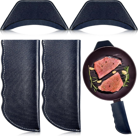 Baderke 4 Pcs Leather Cast Iron Handle Cover Handmade Leather Heat Resistant Skillet Handle Set Pot Holder for Hot Frying Pans, Pots(Blue)