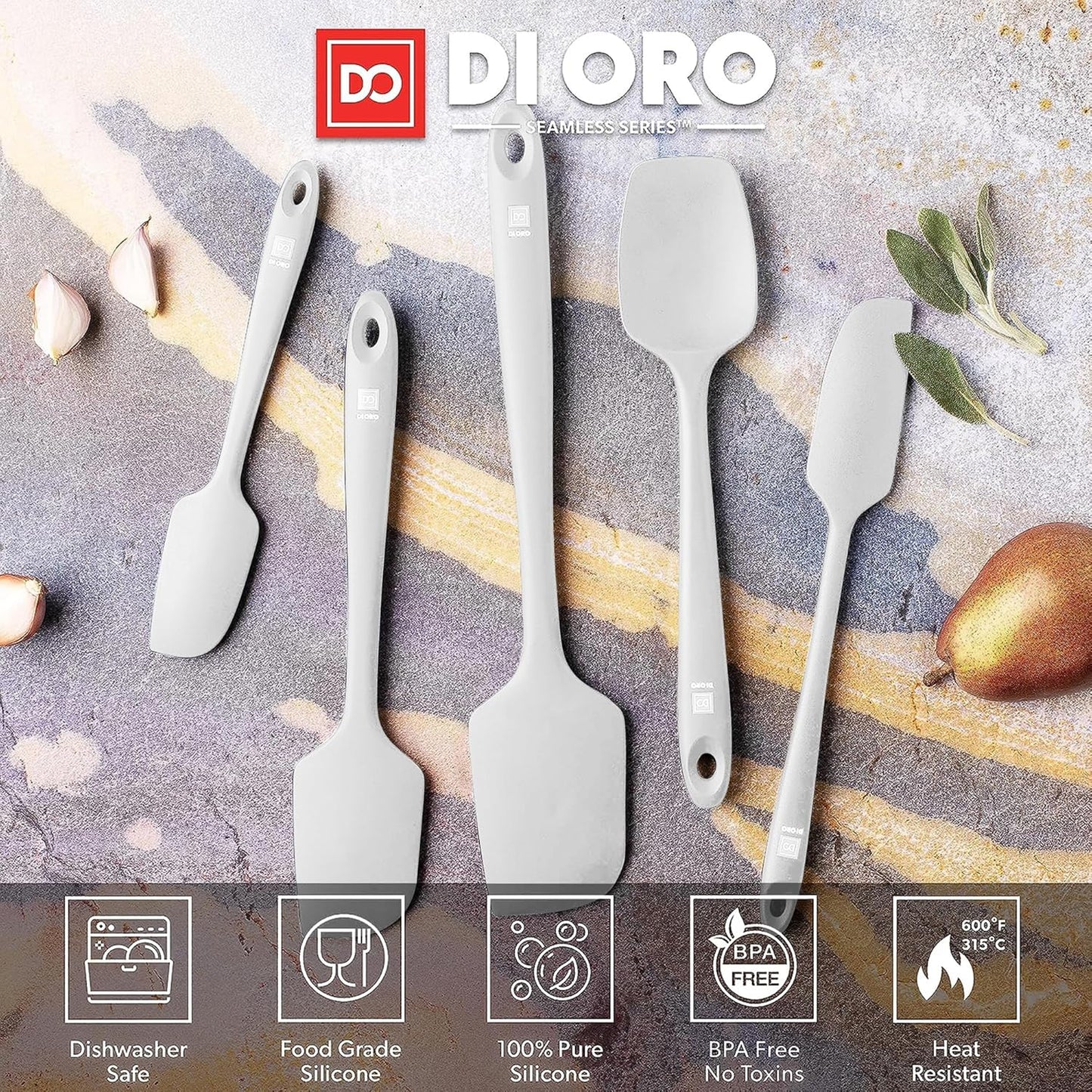 DI ORO Silicone Spatula Set - Rubber Kitchen Spatulas for Baking, Cooking, & Mixing - 600°F Heat-Resistant & BPA Free Silicone Scraper Spatulas for Nonstick Cookware - Dishwasher Safe (5pc, Stone)