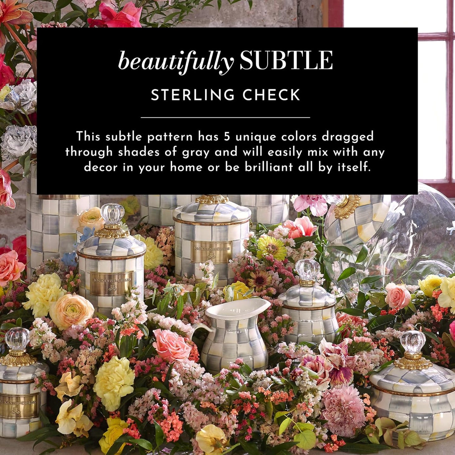 MACKENZIE-CHILDS Enamel Everyday Bowl, Serving Bowl for Entertaining, Medium, Gray-and-White Sterling Check, Set of 1