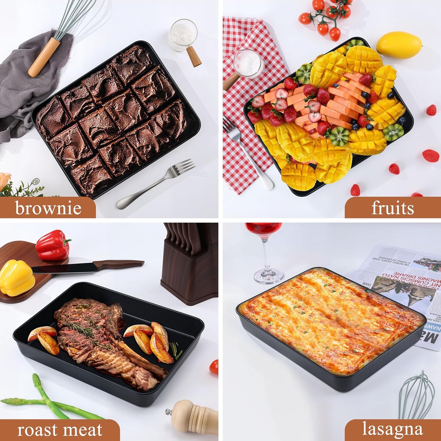 LIANYU Non-stick Baking Cake Pan, 12⅓ x 9¾ x 2 Inch Lasagna Brownies Bread Casseroles Pan, Stainless Steel Rectangle Bakeware for Toaster Oven, Non-Toxic & Healthy Coating, Easy Release