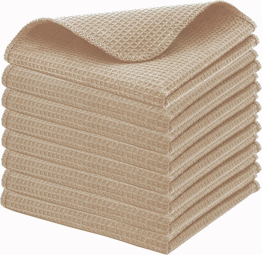 PurpleEssences Dish Cloths and Dish Rags - 8 Pack Waffle Weave Solid Kitchen Dish Wash Cloths, 100% Cotton, 12 x 12 Inches, Ultra Soft Absorbent Quick Drying - Beige