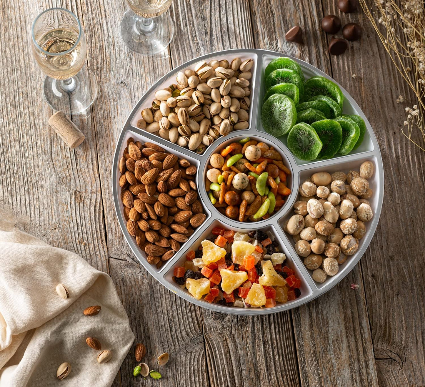 Plasticpro 6 Sectional Round Plastic Serving Tray/Platters White & Silver Pack of 8