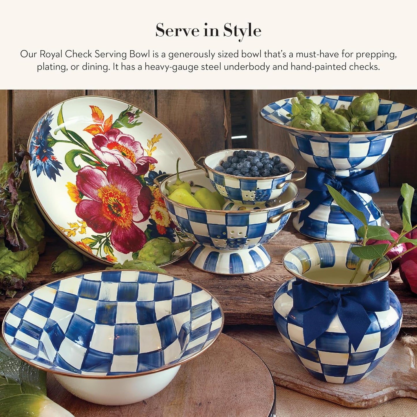 MACKENZIE-CHILDS Enamel Serving Bowl, Enamel Serveware Bowl, 12 Inches, Blue-and-White Royal Check