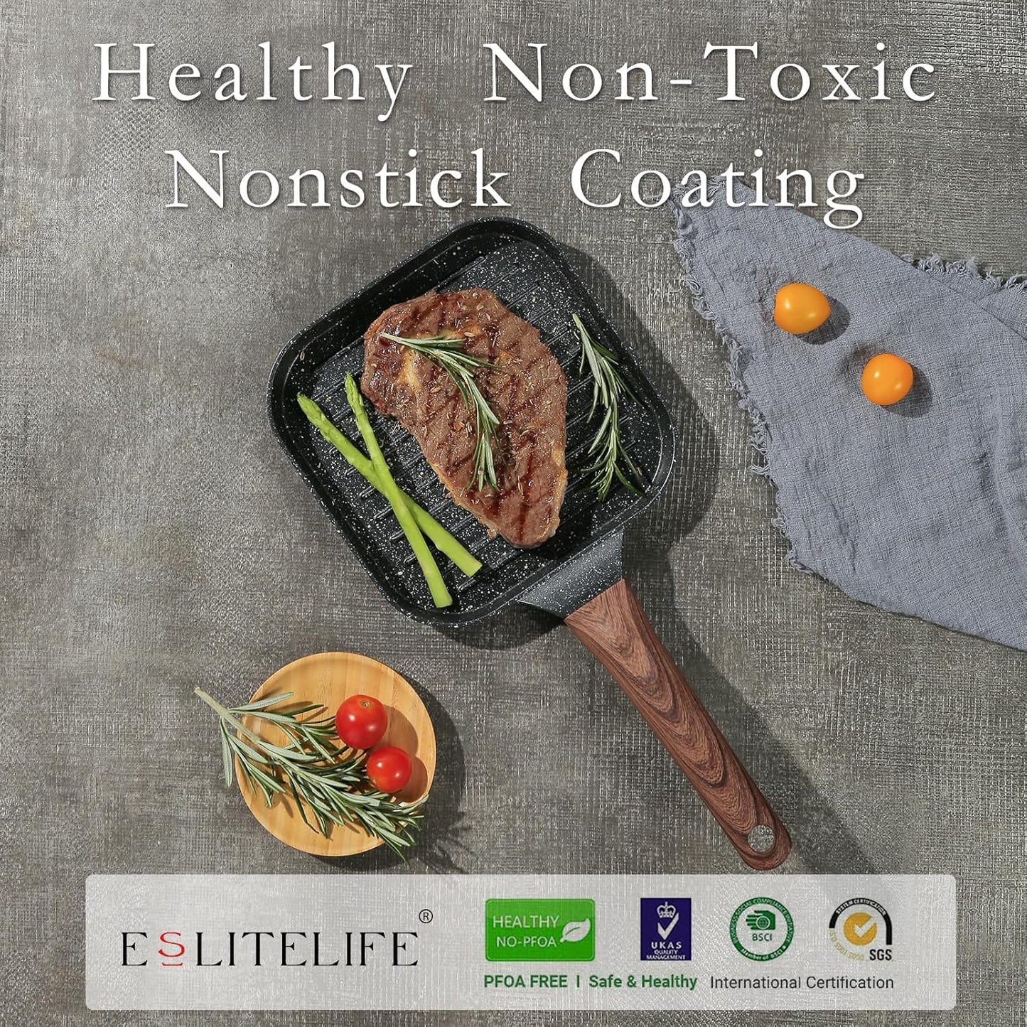 ESLITE LIFE 7 Inch Nonstick Small Grill Pan for Indoor Cooking, Versatile Induction Square Grilling Skillet Steak Pan for Stove Tops, PTFE & PFOA Free, Black