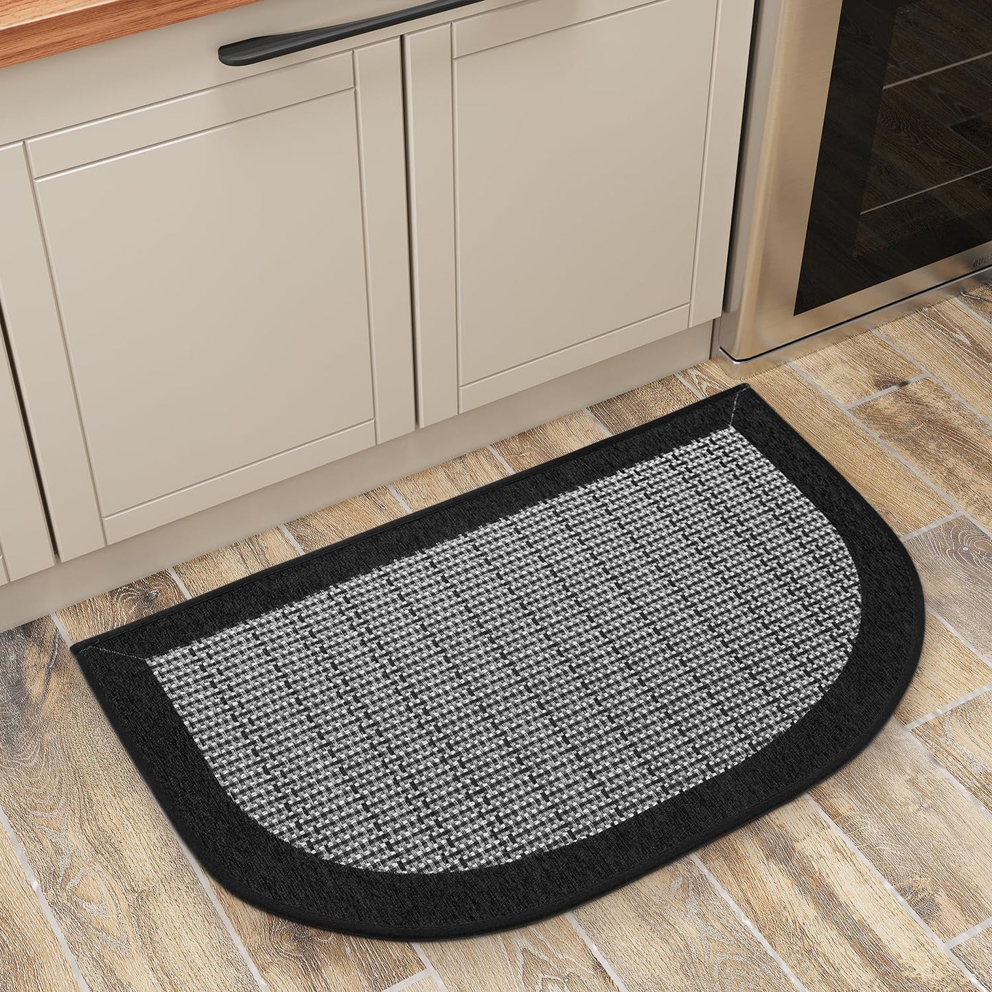 PADOOR Kitchen Mats for Floor, Kitchen Rugs Non Slip Washable, Half Circle Kitchen Floor Mat Sink Rug Rubber Backed Super Absorbent, 20”x32” Black