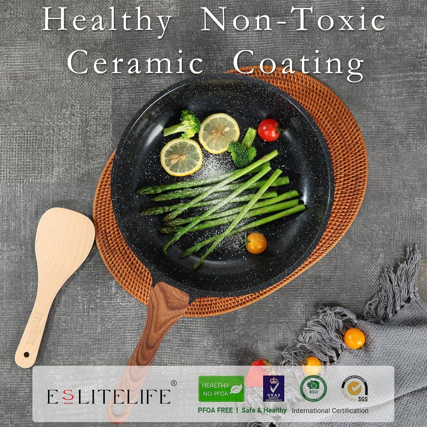 ESLITE LIFE Nonstick Ceramic Frying Pan Skillet, Non-Toxic Egg Omelette Kitchen Cooking Pans Compatible with All Stovetops (Gas, Electric & Induction), PTFE & PFOA Free (Black, 8'')