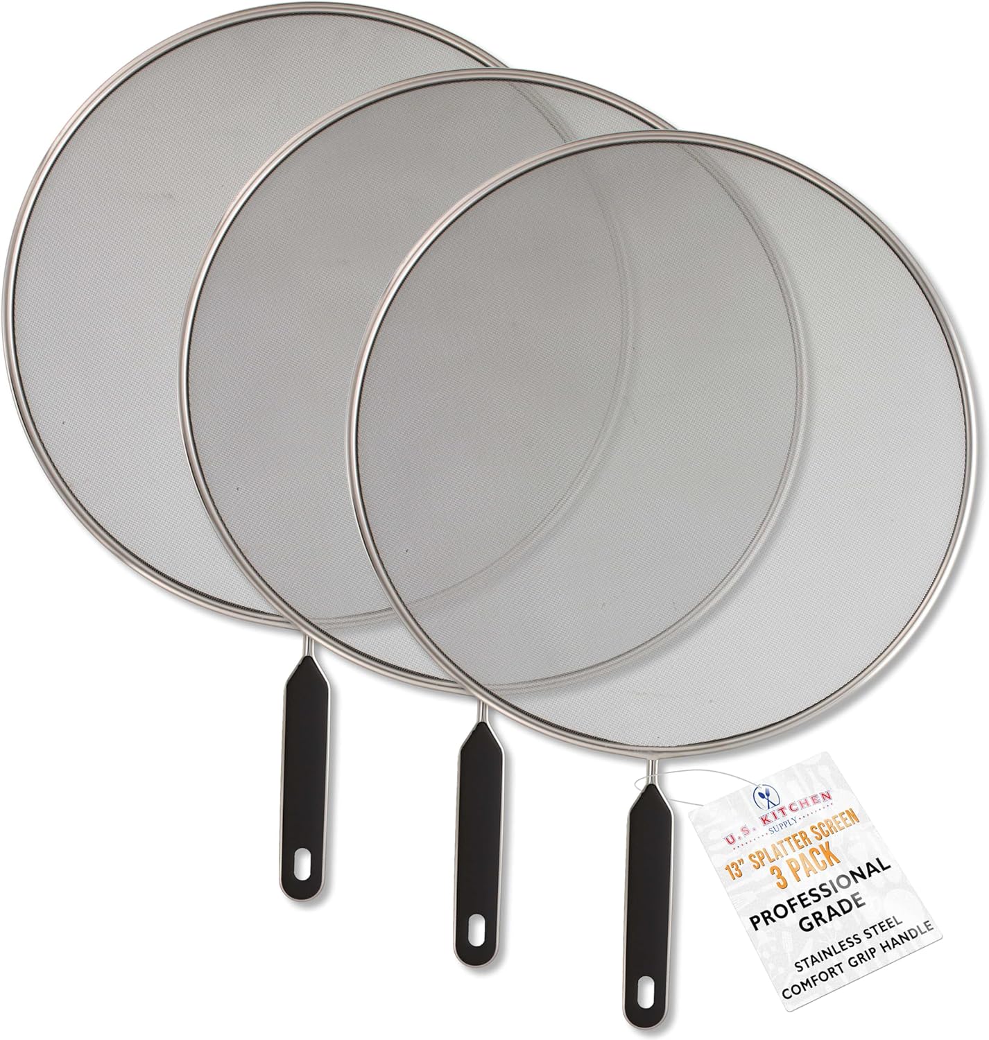 U.S. Kitchen Supply 3-Piece Stainless Steel Splatter Guard Set 13" Fine Mesh Cover, Grease & Oil, Splatter Screen for Frying Pan, Cooking Pots, with Comfort Grip Handles