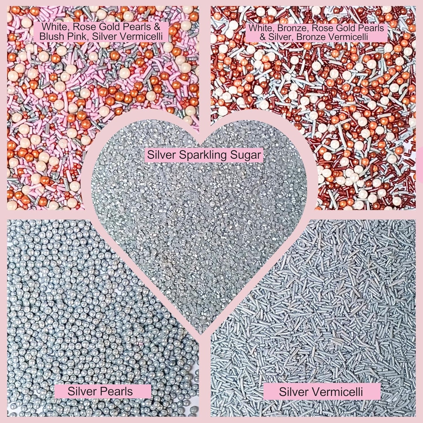 Confect Edible Cake Sprinkles Mix – Silver, Bronze & White Pearls, Silver Jimmies, Sparkling Sugar – Dessert Toppings for Cakes, Cupcakes, Cookies & Baking Decoration | Vegan, Gluten-Free, Nut-Free, Soy-Free, Dairy-Free, Palm Oil-Free- 5 Oz