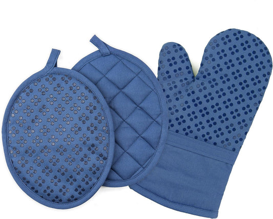 Sticky Toffee Oven Mitt and Pot Holder Set of 3 – Dark Blue Non-Slip Silicone Kitchen Hot Pads and Mitts, 100% Cotton Shell, Oeko-Tex Cotton