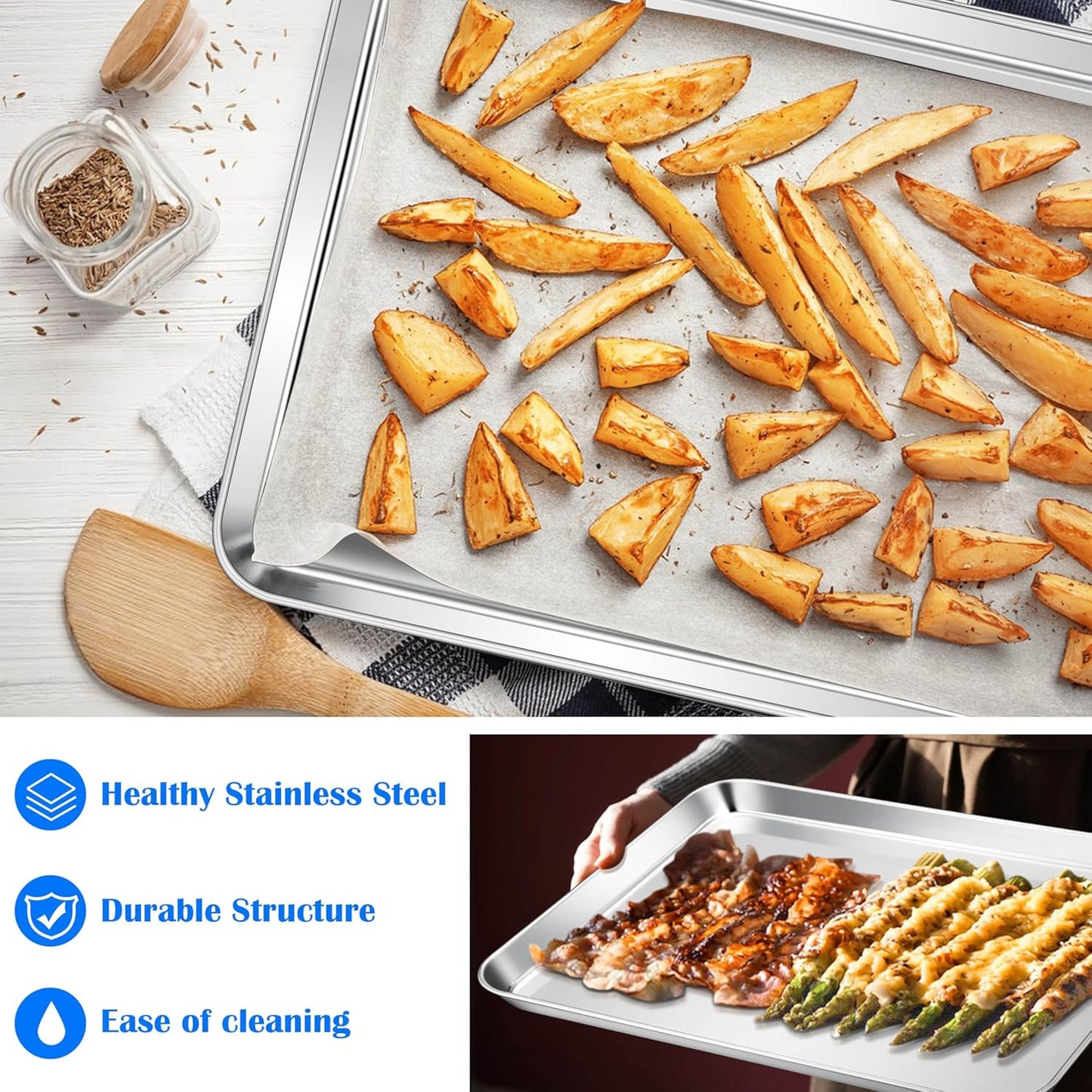 E-far Large Baking Sheets Set of 4, 20”x14” Stainless Steel Cookie Sheet Pans for Oven, Non Toxic Big Metal Baking Tray for Cake Cookies, Healthy & Rust Free, Mirror Finish & Dishwasher Safe