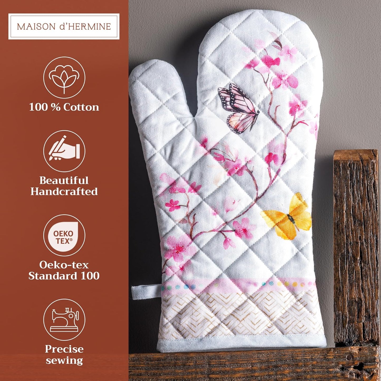 Maison d' Hermine Oven Gloves 100% Cotton Oven Mitt 7" x 13" with Loop Heat Resistant, BBQ, Cooking Gloves, Baking, Grilling, Kitchen, Handling Hot Pans Spring/Summer (Pack of 1, Blossoms in Spring)