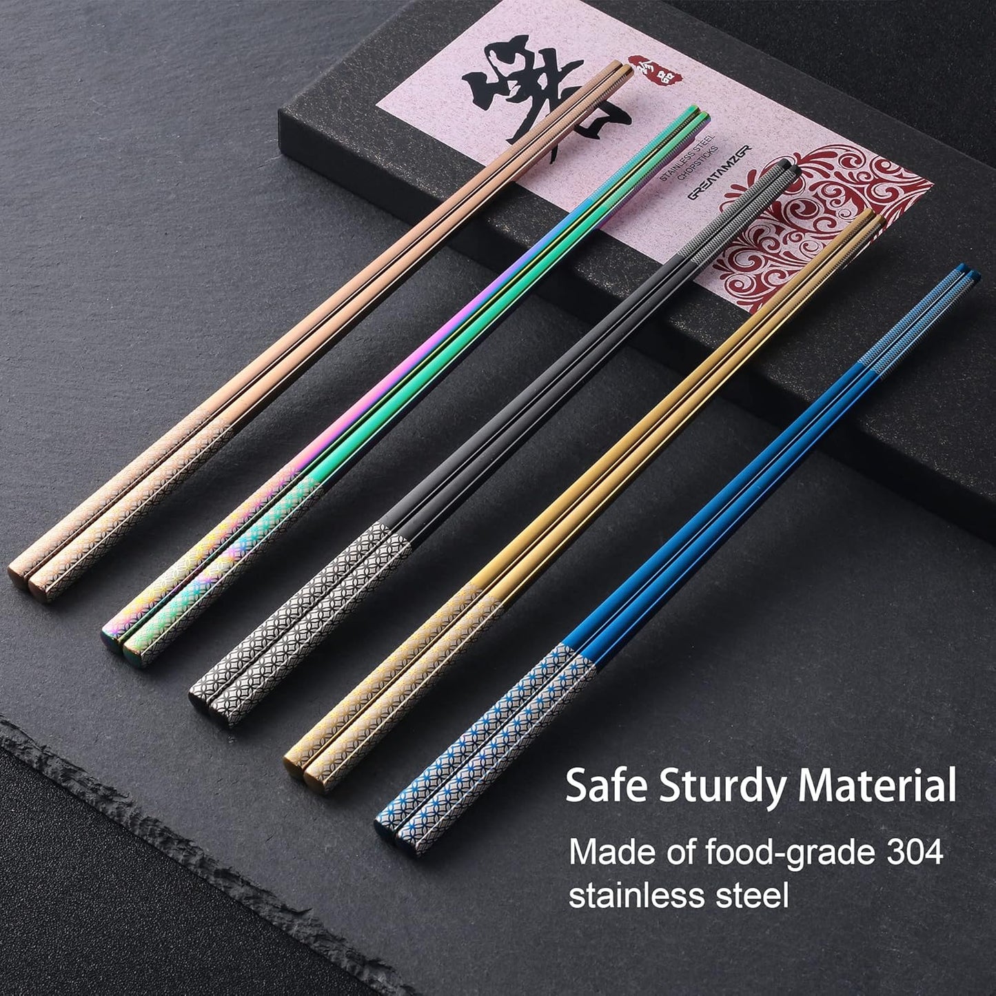Metal Chopsticks Reusable Multicolor Stainless Steel Chopsticks Dishwasher Safe Chop Sticks Laser Engraved Copper Coin Pattern Square Non-slip, 9 1/4 Inches 5 Pairs Gift Set