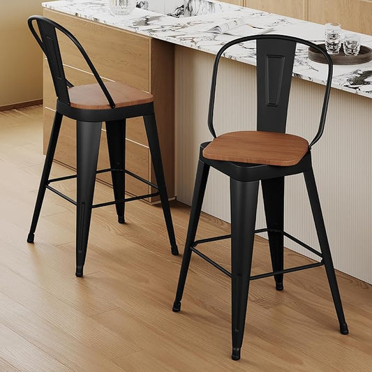Aklaus Swivel Metal Bar Stools 30 inch Swivel Bar Height Barstools Set of 2 Modern Farmhouse Bar Chairs with High Backs and Large Wooden Seat for Kitchen Island Dining Room Matte Black