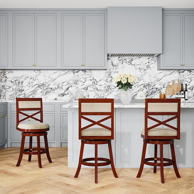 DTY Indoor Living Meeker 24 Inch Counter Height Bar Stools with Backs - Wooden Swivel Counter Stools for Kitchen Island - Beige Fabric Seat, Solid Wood Frame, Cherry Finish