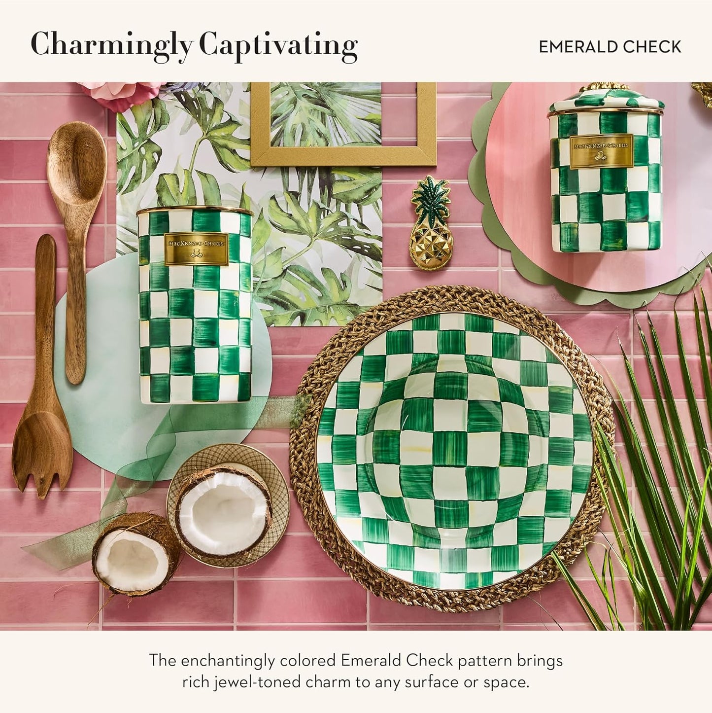 MACKENZIE-CHILDS Enamel Salad Serving Set, Enamel Bowl and Wooden Salad Servers, Decorative Kitchen Set, Green-and-White Emerald Check