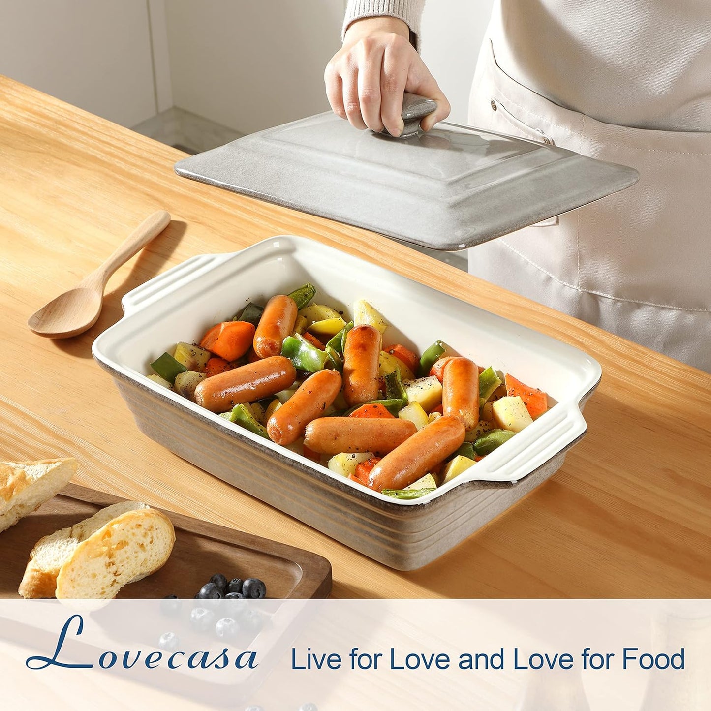 LOVECASA 4.5 Quart Ceramic Casserole Dish with Lid, 9x13 Baking Dish for Oven, Lasagna Pan Deep with Handles, Stoneware Bakeware, Oven & Dishwasher Safe, Grey