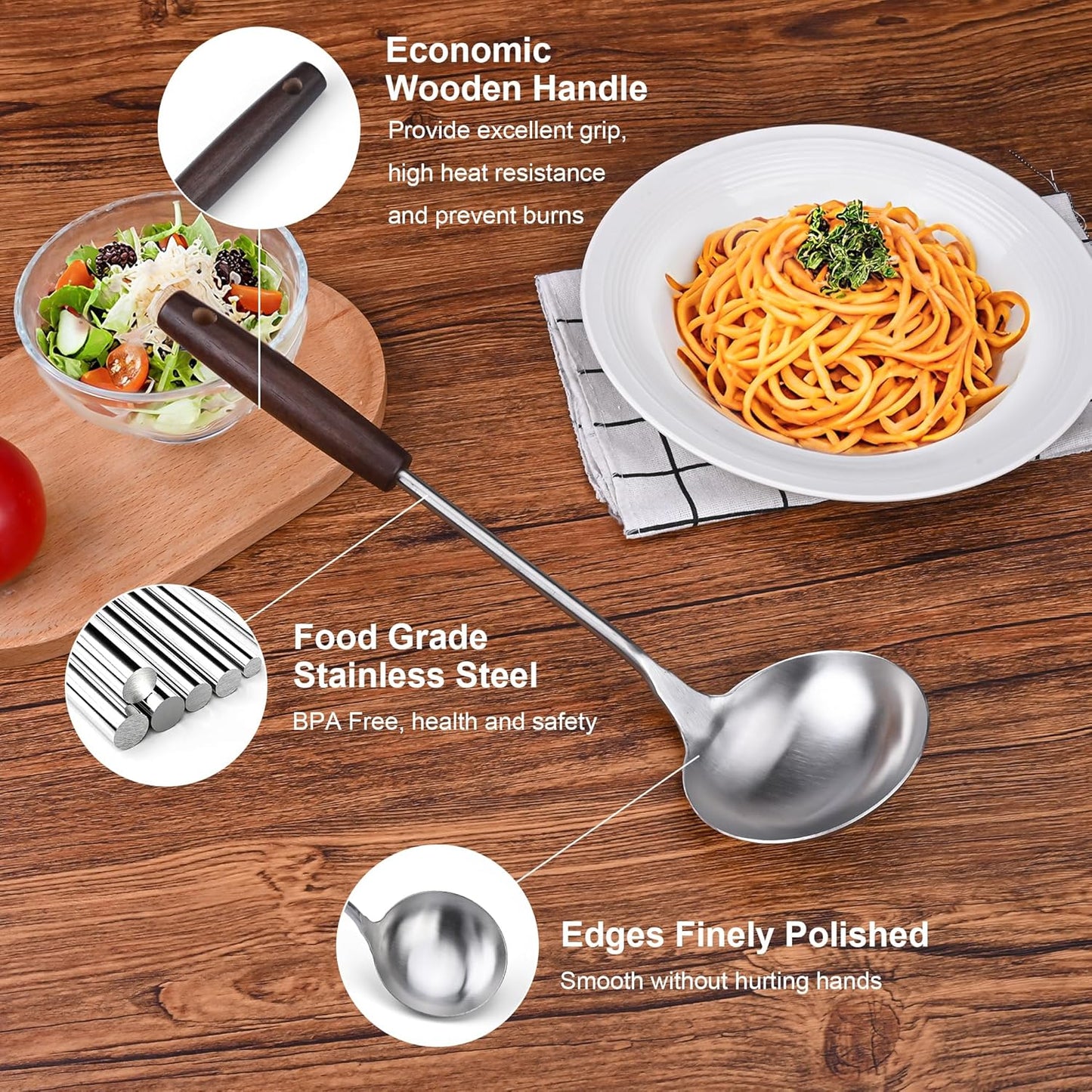 FJNATINH Soup Ladle, Stainless Steel Ladle with Heat Resistant Wooden Handle, Food Grade Metal Cooking Soup Spoon Kitchen Tools, Easy to Clean