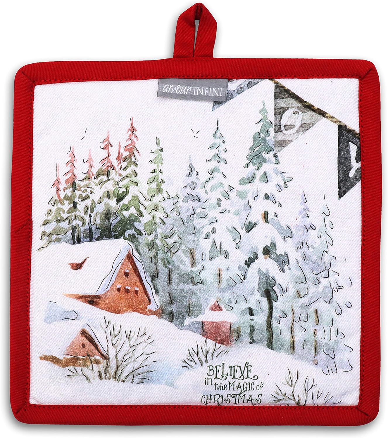 AMOUR INFINI Pot Holders and Oven Mitts 100% Cotton Christmas Winter Heat Resistant Non Slip Washable Set of 1 Oven Mitt and 1 Pot Holder Kitchen Gift Set