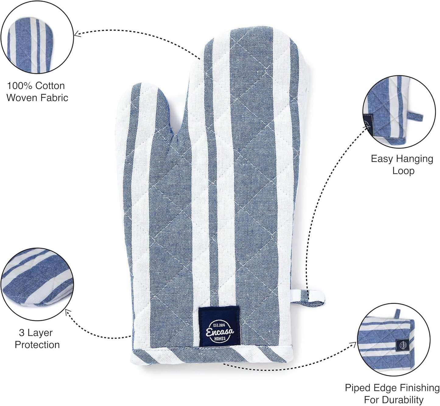 Encasa XO Long 12"x7" Oven Microwave Hand Gloves Mitts (2 pc Set) for Kitchen Cooking & Baking - Heat Resistant, Thick & Safe, Protection of Hands from Hot Utensils - Franca Blue Stripes