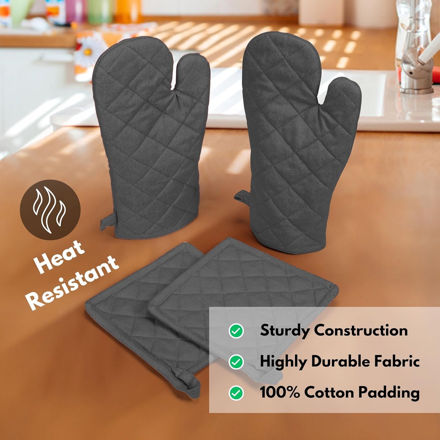 Native Fab Farmhouse Oven Mitts and Pot Holders Set of 4, Heat Resistant Non-Slip Machine Washable, 100% Cotton Kitchen Pot Holders Oven Mitts Sets Grey
