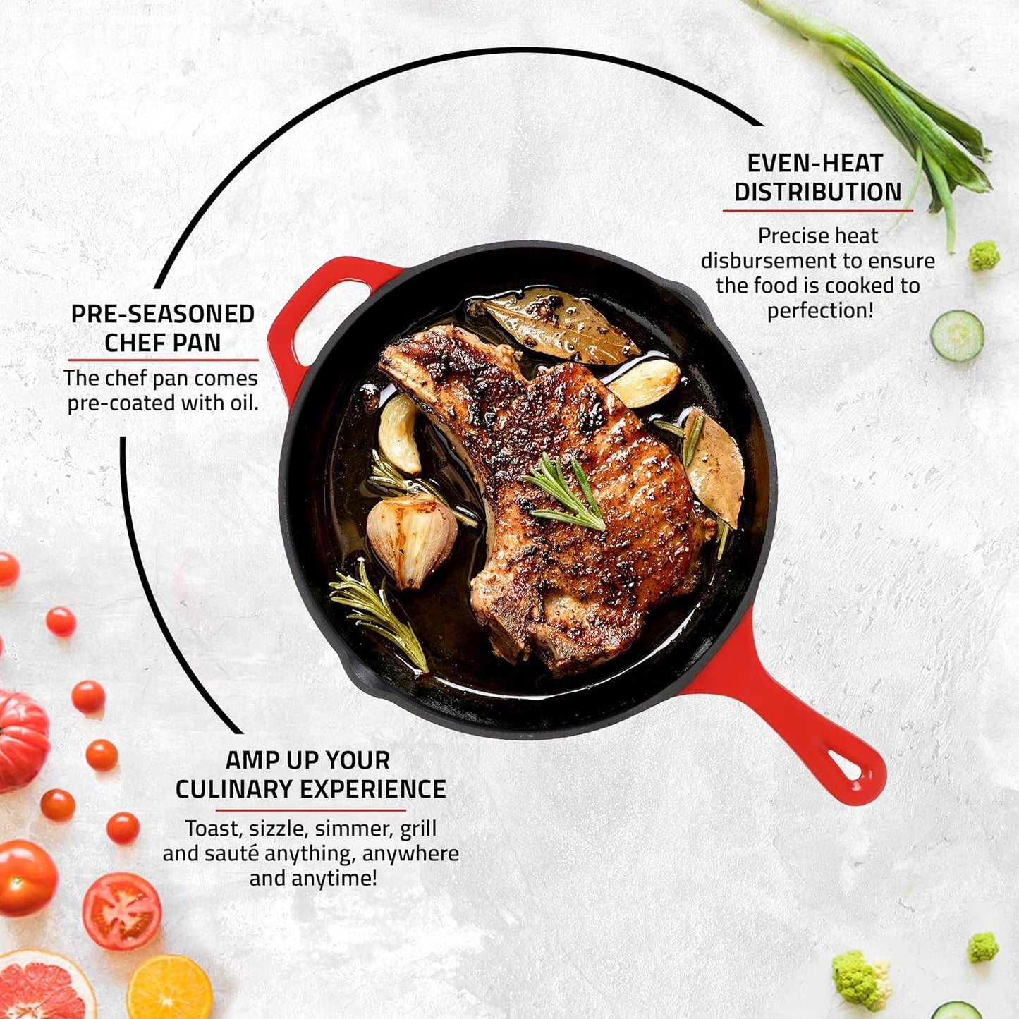 Utopia Kitchen Saute Frying Pan 12 Inch, Cast Iron Chefs Pan, Pre Seasoned Cast iron Skillet With Lid, Safe Grill Cookware for Indoor & Outdoor Use, Red