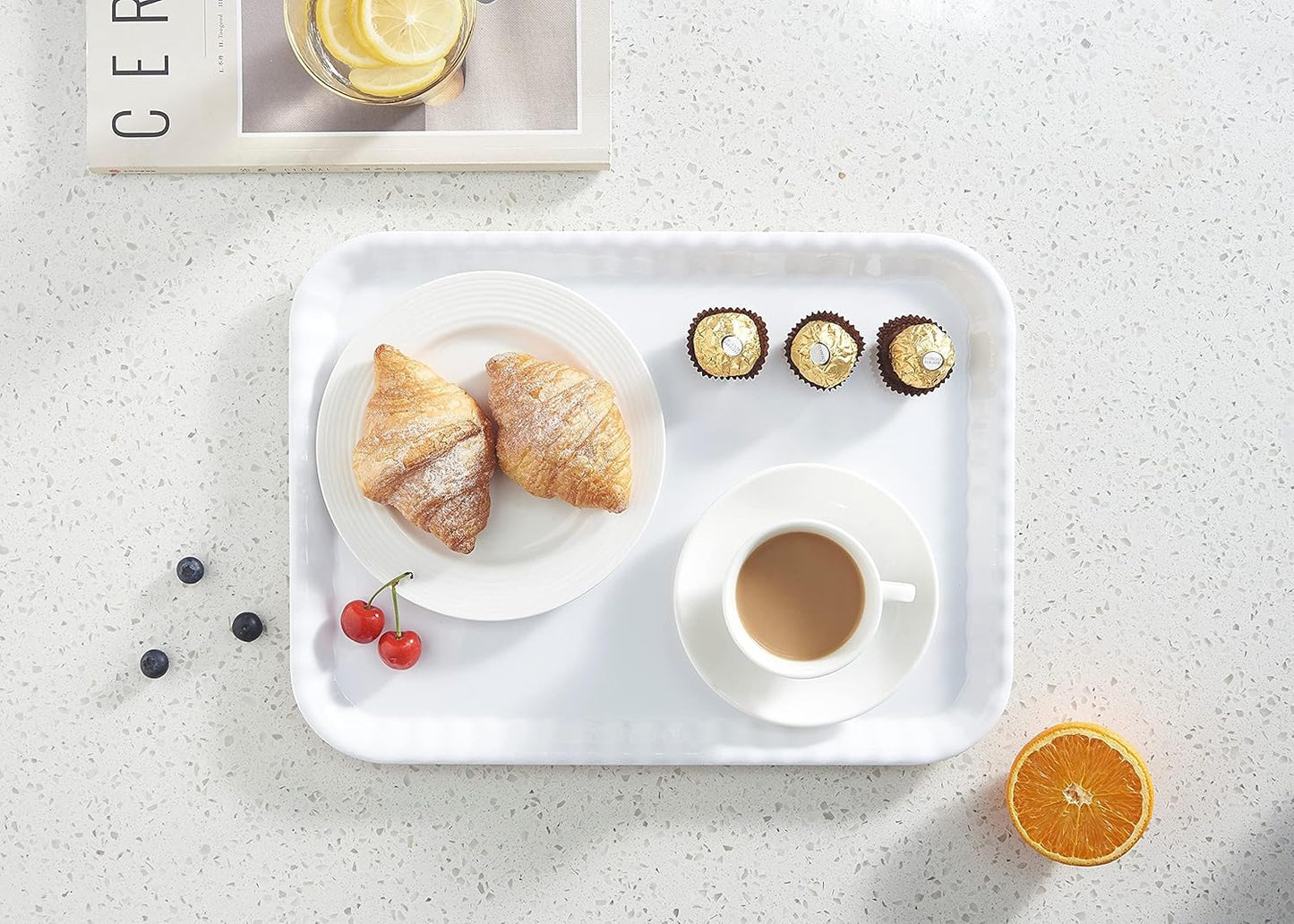 Blue Boat 17" x 12" Rectangular Serving Trays Set Set of 4 White, Melamine Serving Platter, Light Weight Easy to Clean Sturdy Stackable BPA-Free Dishwasher Safe