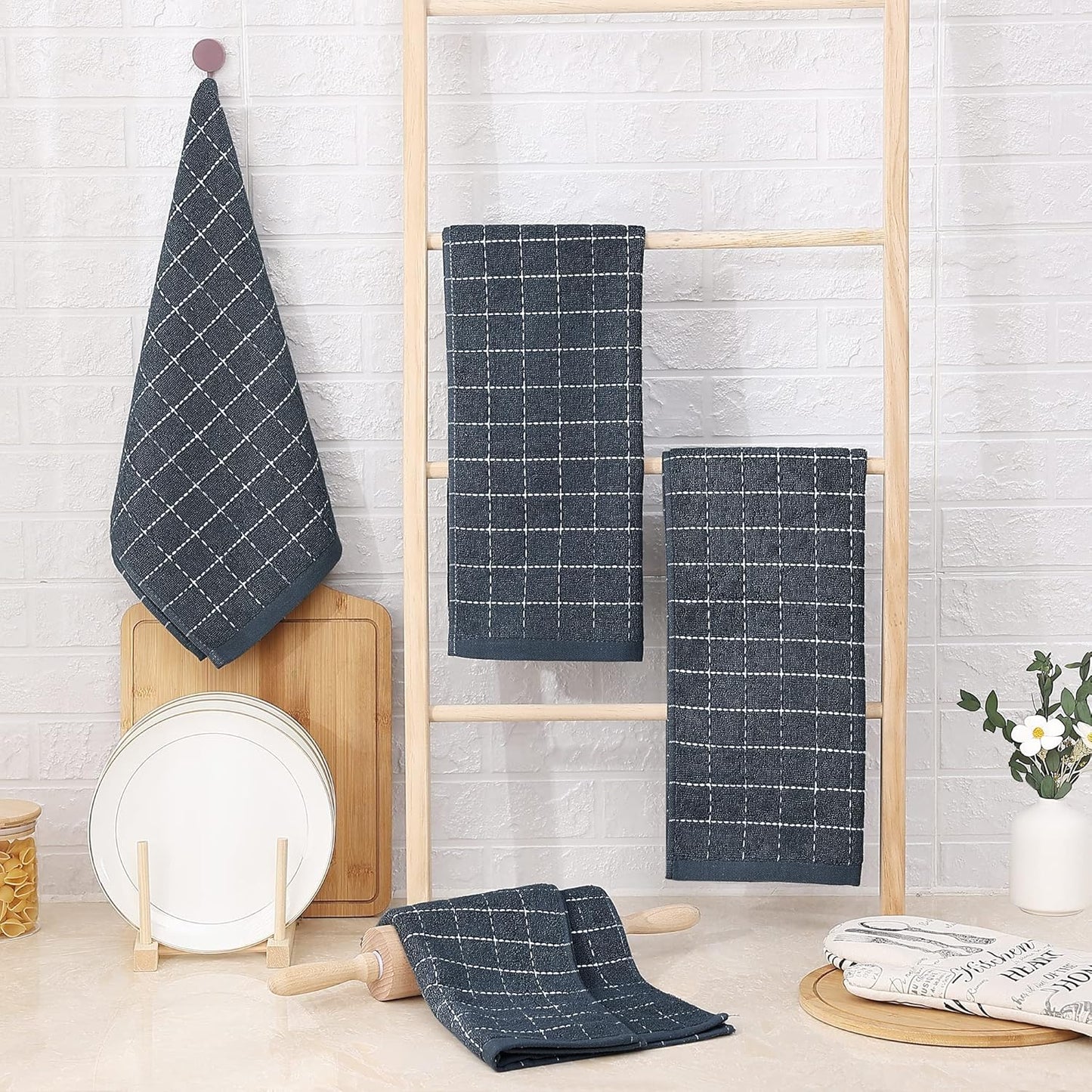 Homaxy 100% Cotton Terry Kitchen Towels(Dark Grey, 13 x 28 inches), Checkered Designed, Soft and Super Absorbent Dish Towels, 6 Pack