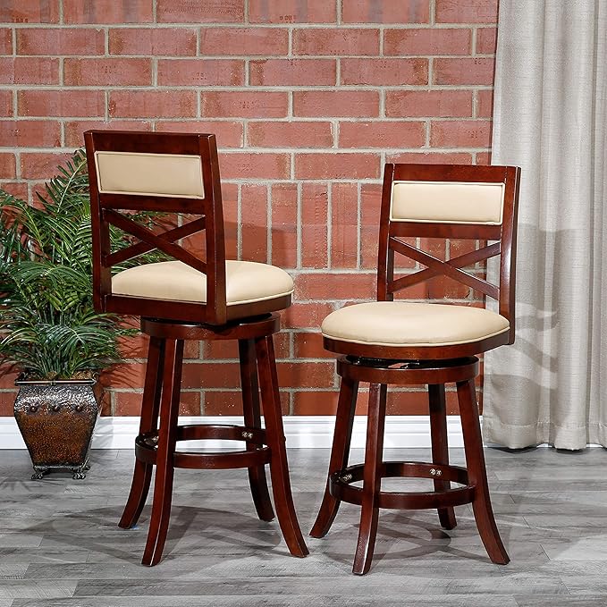 DTY Indoor Living Meeker X Back Bonded Leather Swivel Stool, 30" Bar Height, Cherry Finish, Bone Leather Seat
