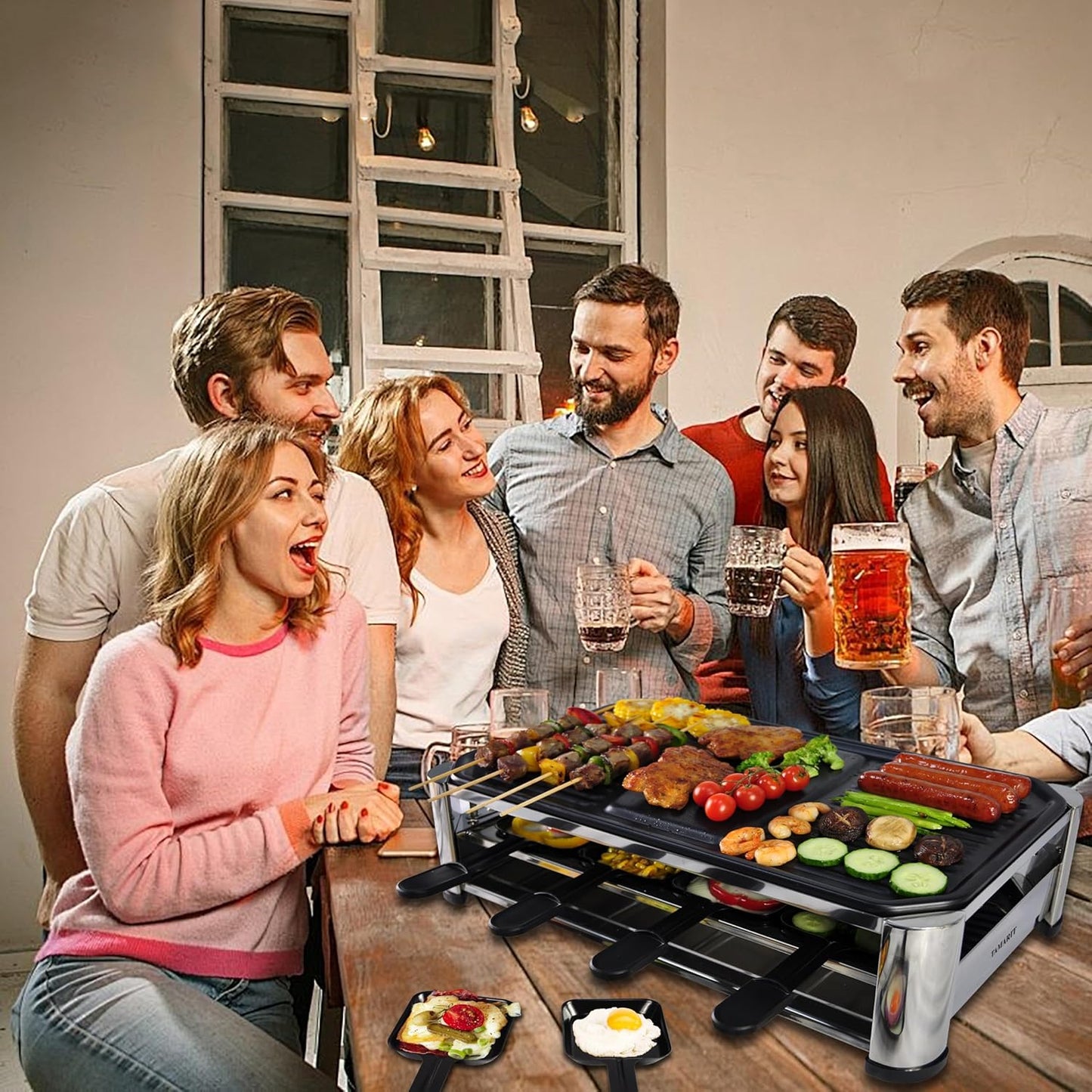 TAMARIT Raclette Cheese Table Grill Portable Electric Indoor Korean BBQ Grill 1400 W Raclette Party Grill with Iron Nonstick Extra Large Grill Plate Raclette Grill for Home Party, Stainless Steel