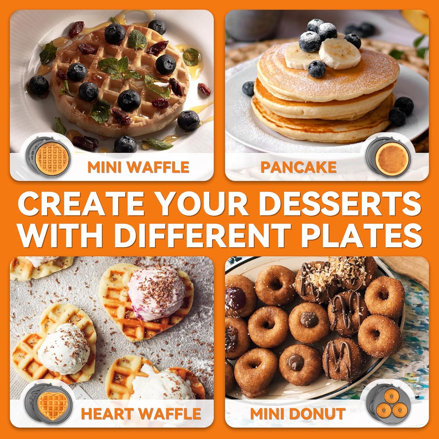 Baker's Friend 4 in 1 Mini Waffle Maker with Removable Plates, A Set of Mini Pancake Maker, Mini Donut Maker, Mini Heart Shape Waffle Maker and Small Waffle Maker, Recipe Included, Graphite, Compact