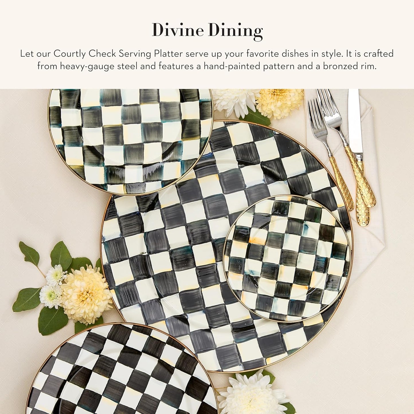 MACKENZIE-CHILDS Enamel Serving Platter, Decorative Serving Platter for Food, 16 Inches, Black-and-White Courtly Check