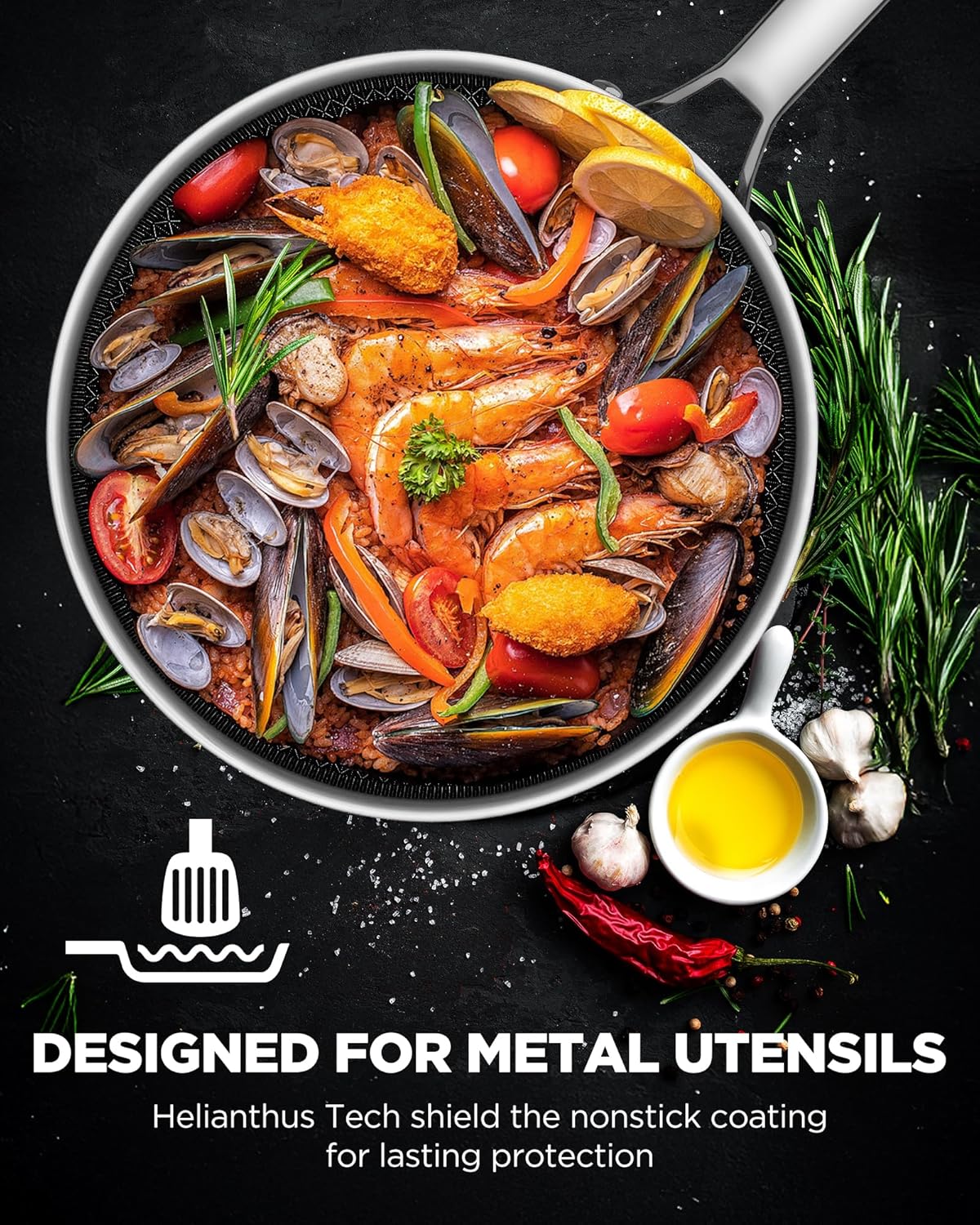 Non Stick Frying Pans Hybrid Ceramic, 12 Inch Tri-Ply Stainless Steel Skillet, Non-Toxic, PFAS/PFOA/PTFE Free, Metal Utensil Safe, Dishwasher & Oven Safe, Induction Compatible