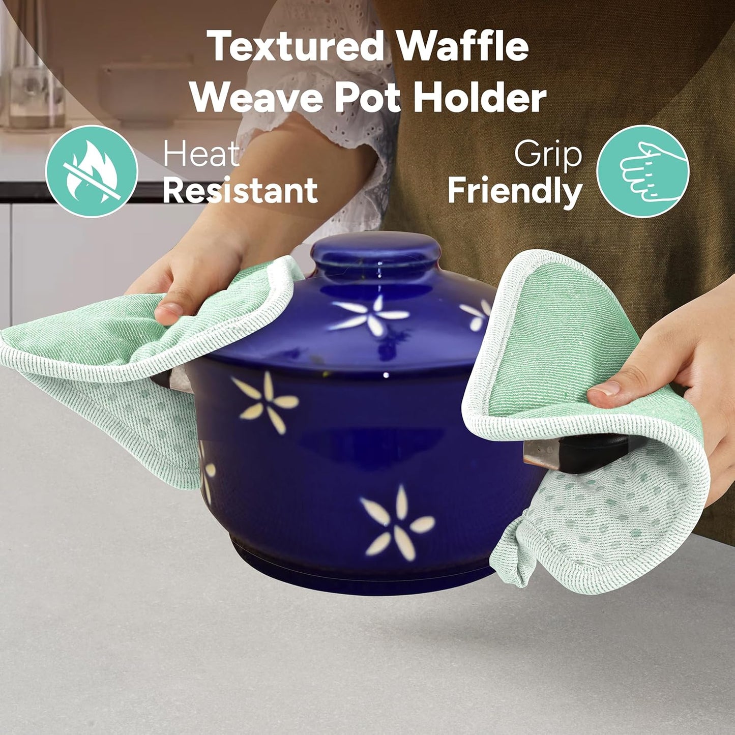 Casa Platino Heat Resistant Oven Mitts & Pot Holders, 4-Piece – Oven Mitt for Baking & BBQ, Potholders for Kitchens – Withstands Heat Up to 500°F, Soft, Durable & Non-Slip – Sage