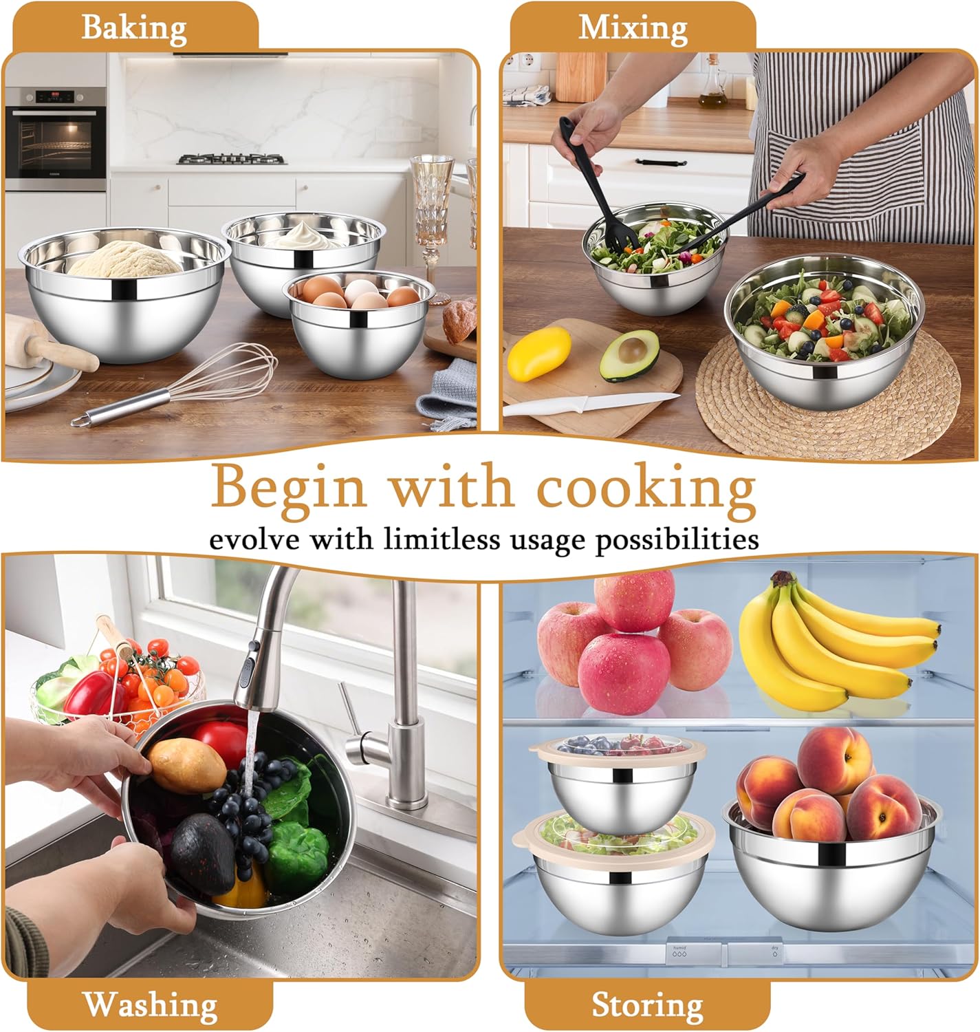 LIANYU Mixing Bowls with Visible Airtight Lids, 3Pcs Stainless Steel Large Metal Nesting Kitchen Bowls Set, 4.6 & 3 & 1.5QT Size Ideal for Mixing, Baking, Serving, Dishwasher & Freezer Safe, Khaki