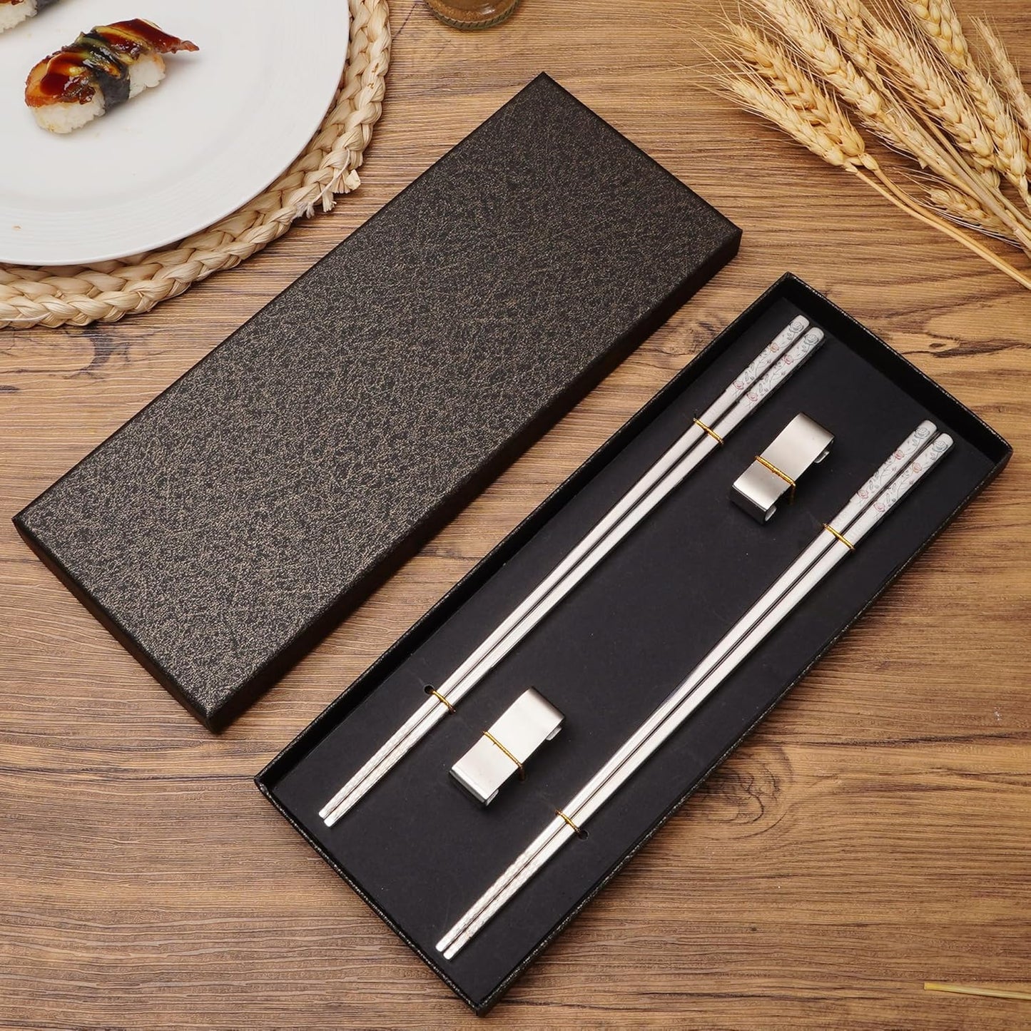 Stainless Steel Chopsticks, Titanium Plated Metal Chopsticks, 9.8" Premium Japanese Korean Color Laser Engraved Cooking Chop Sticks, Dishwasher Safe, Reusable, Anti-slip, Anti-scald, 2 Pairs Gift Set