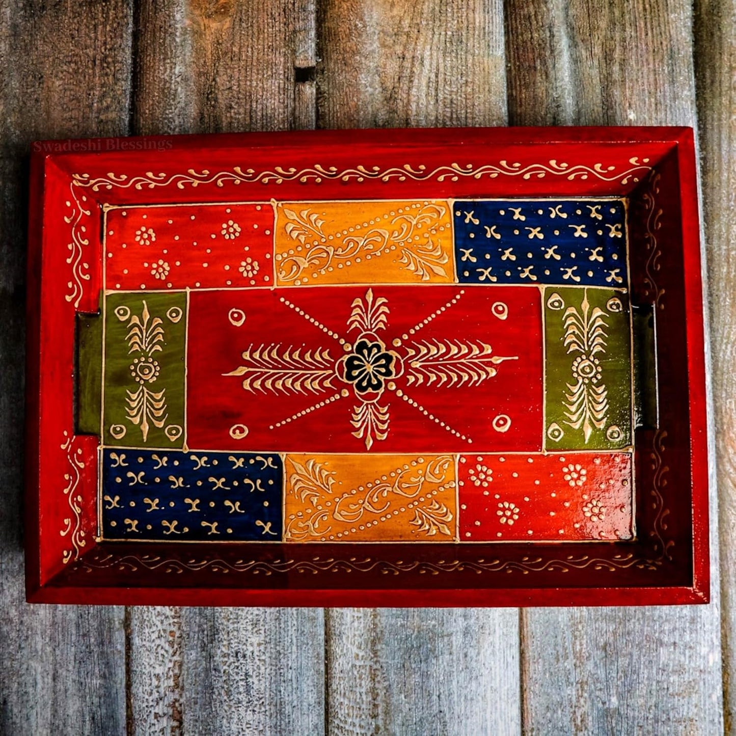 Swadeshi Blessings Handcrafted & Hand-Painted Embossed Wooden Serving Trays Set of 3- for Kitchen/Table & Home Decor/Dinning/Gifts/Restaurants/Living Room/Coffee Table (AntiqueRed)