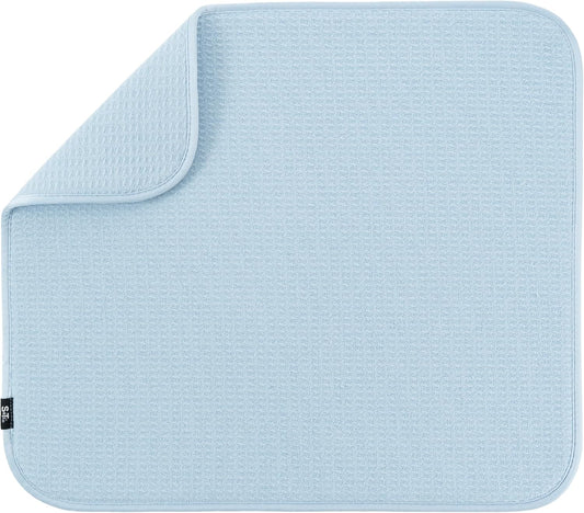 S&T INC. Dish Drying Mat, 16” x 18”, Absorbent Microfiber Kitchen Counter Mat, Dish Drying Pad for Dishes, Utensils, Pots and Pans, Large, Sky Blue