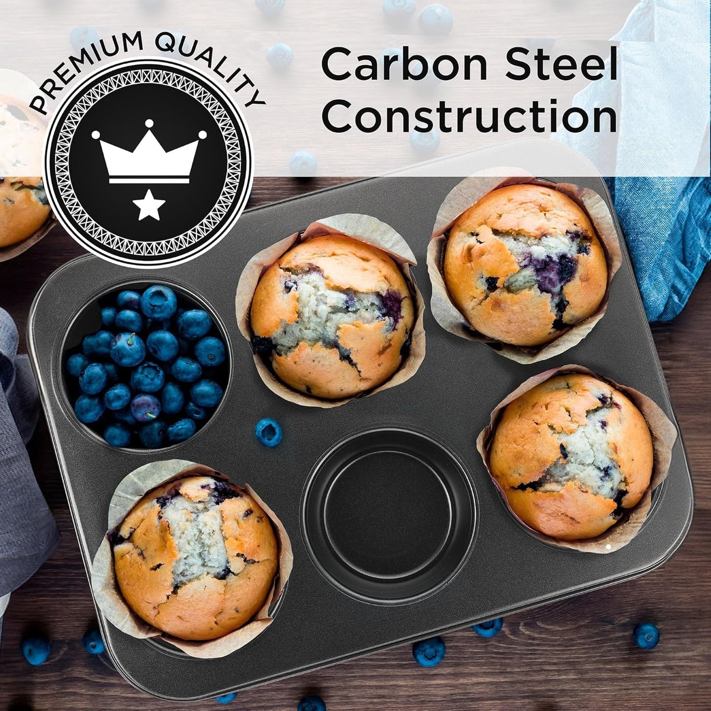 Wrenbury Jumbo Muffin Pan 6 Cup - Nonstick XL Deep Muffin Pan for Baking 3.75" Cup - Big Cup Tin - Oversized Extra Large Cupcake Mold - Dishwasher Safe - PTFE Free