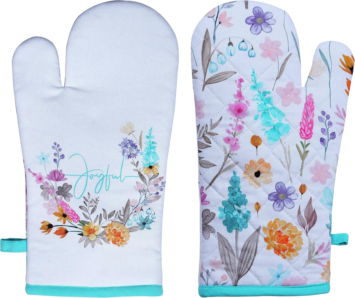 AMOUR INFINI Pot Holders and Oven Mitt Heat Resistant Non Slip Reusable Set of 1 Oven Mitt and 1 Pot Holder Oven Gloves Pot Holder for Cooking (Joyful Floral Design)