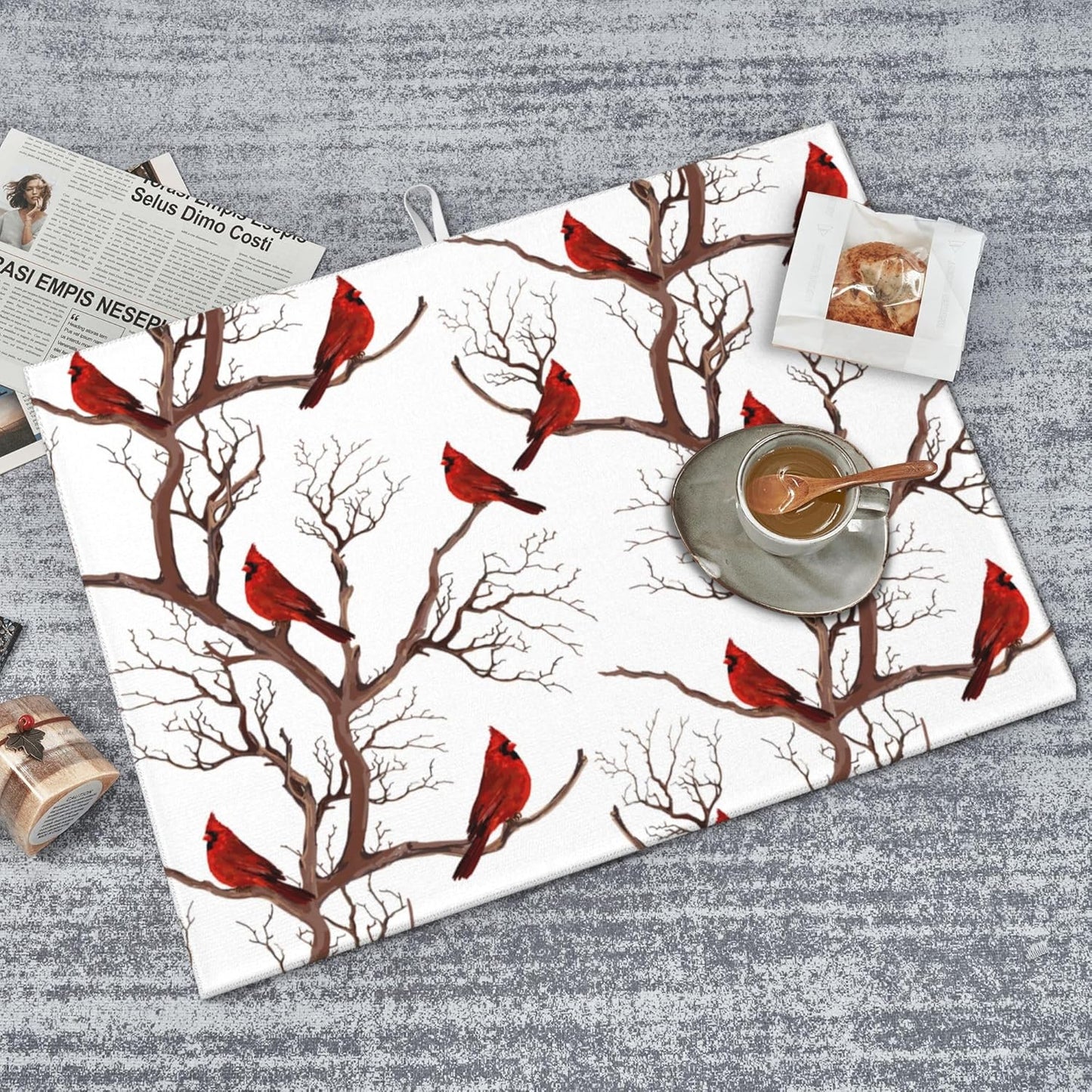 Winter Cardinal Birds Microfiber Dish Drying Mat for Kitchen Counter 18"x24" Christmas Dishes Drying Pad Dish Drainer Rack Mats Absorbent Washable Reusable Christmas Kitchen Home Holiday Decor